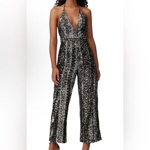 Bardot Sequin Halter Jumpsuit in Black and Silver